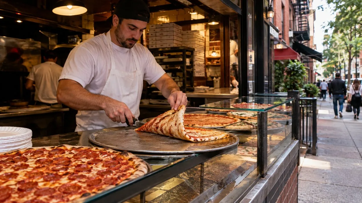 Ein Pizzatresen an der Bleecker Street, bei dem eine Scheibe in der Hälfte gefaltet wird