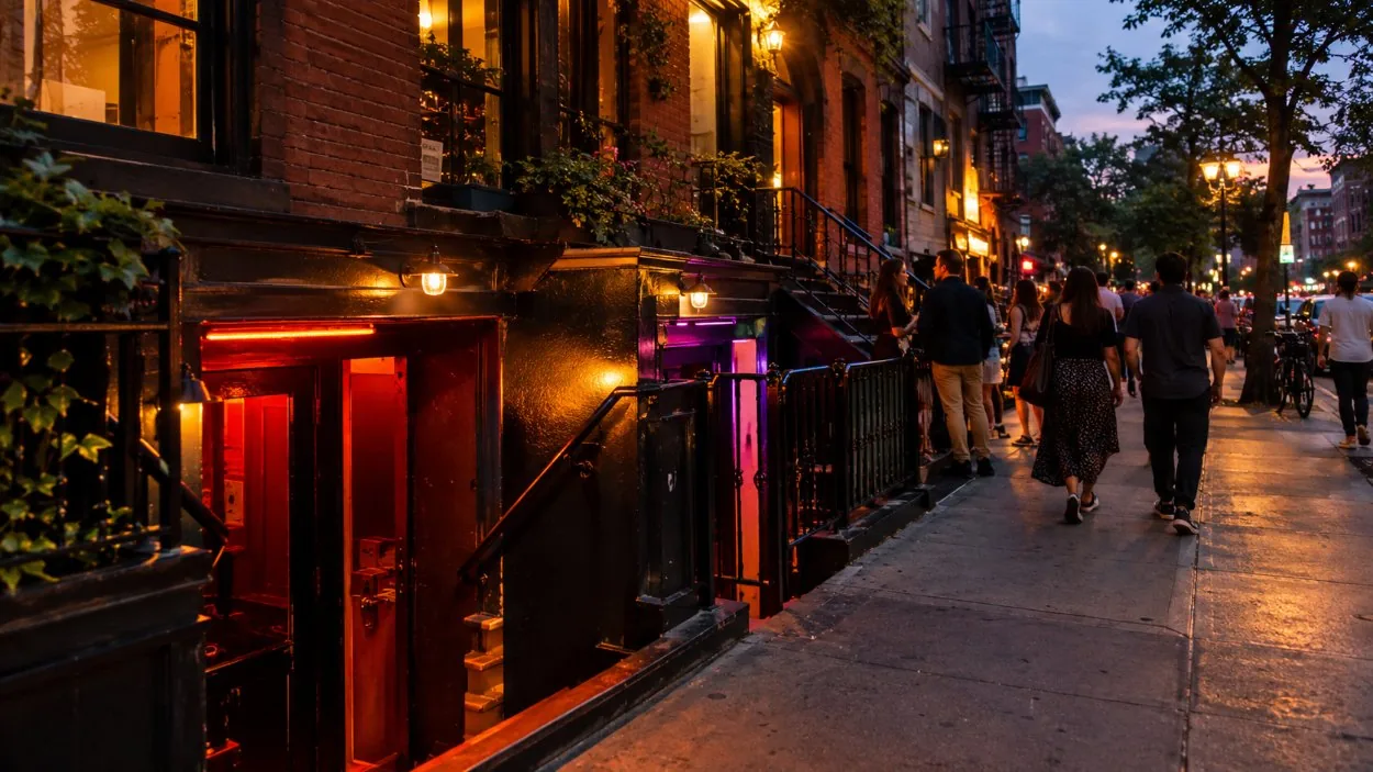 Kellertüren von Clubs und Neonlichter auf der MacDougal Street in der Dämmerung