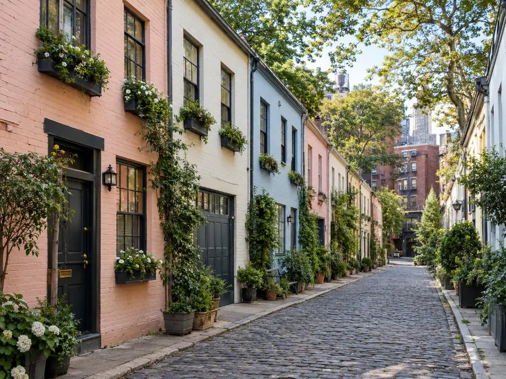 Die gepflasterte Gasse und die ehemaligen Kutschenhäuser von Washington Mews